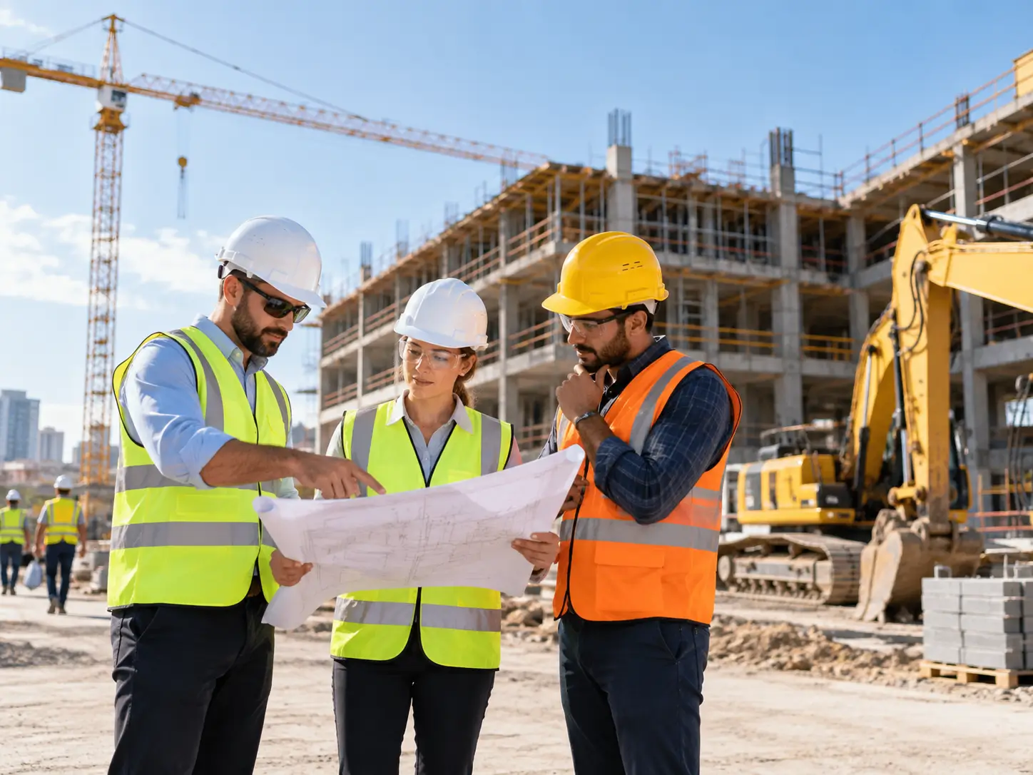 Architects coordinating detailed blueprints and construction drawings during the design phase